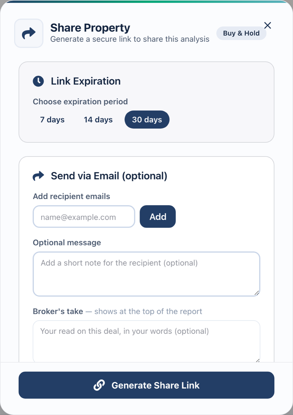 The Share Property dialog: a 7, 14 or 30-day link expiration, recipient emails, an optional message, and a broker’s take that shows at the top of the report